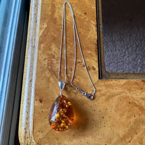 Natural Baltic Amber Sterling Silver Necklace - Picture 6 of 10